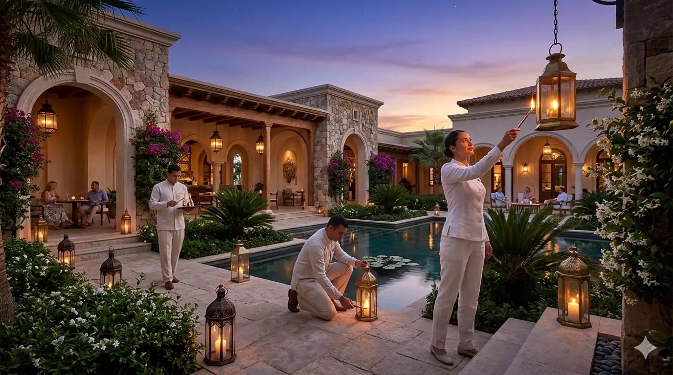 A curated resort courtyard at twilight, lanterns being lit by staff.