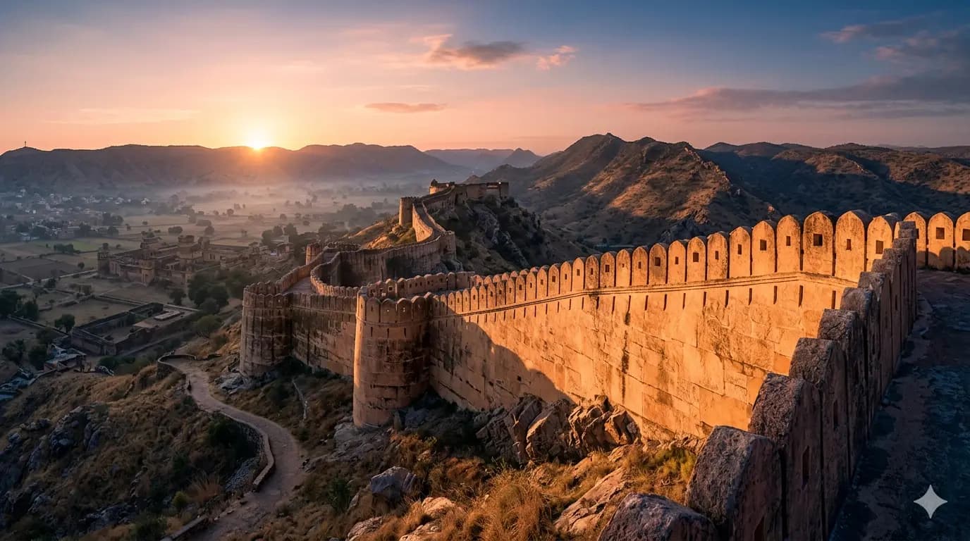 A heritage fort wall at dawn, light catching the sandstone.