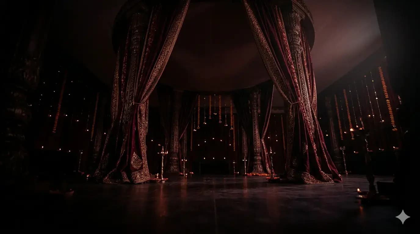 Evocative wedding moment — a dusk-lit mandap, intimate and in focus.