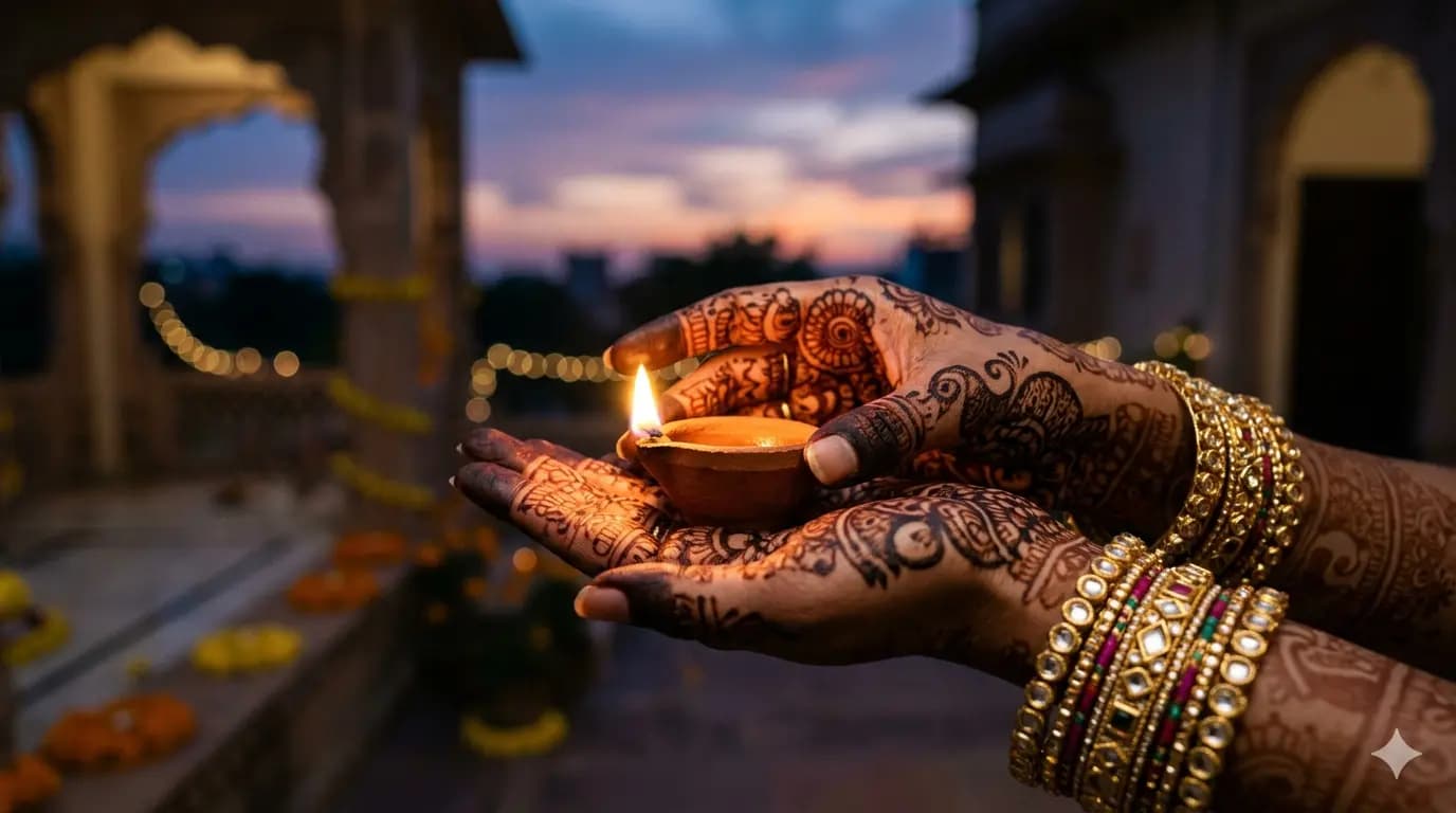 A bride's henna-covered hands holding a small oil diya at dusk.